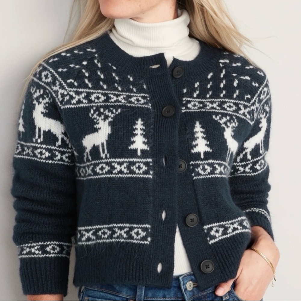 Old Navy- Blue & White Fair Isle Holiday Cardigan - XS